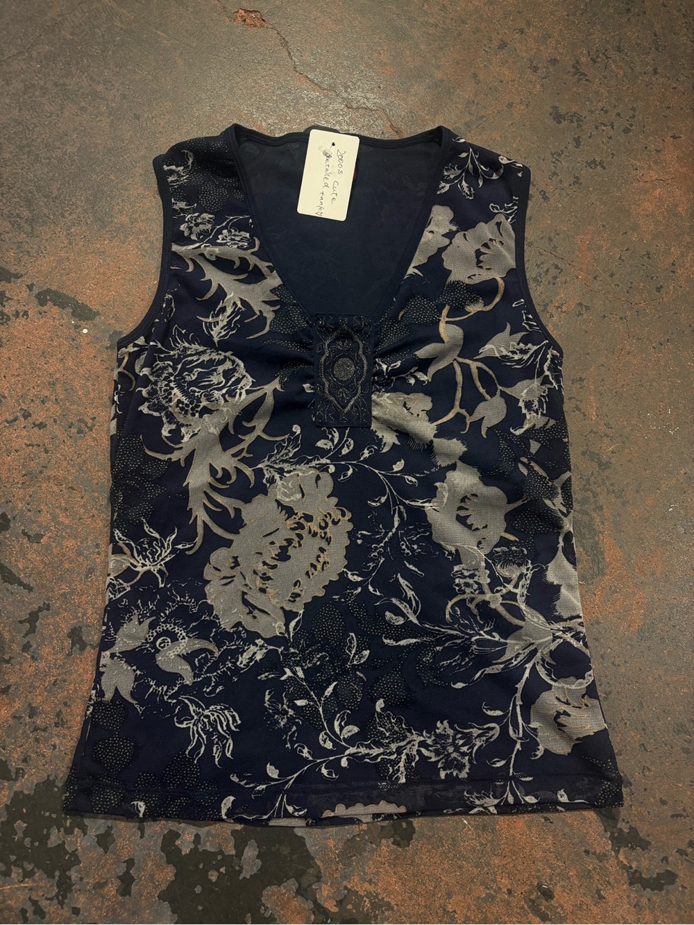 Floral V-Neck Black Tank Top with Silver Print